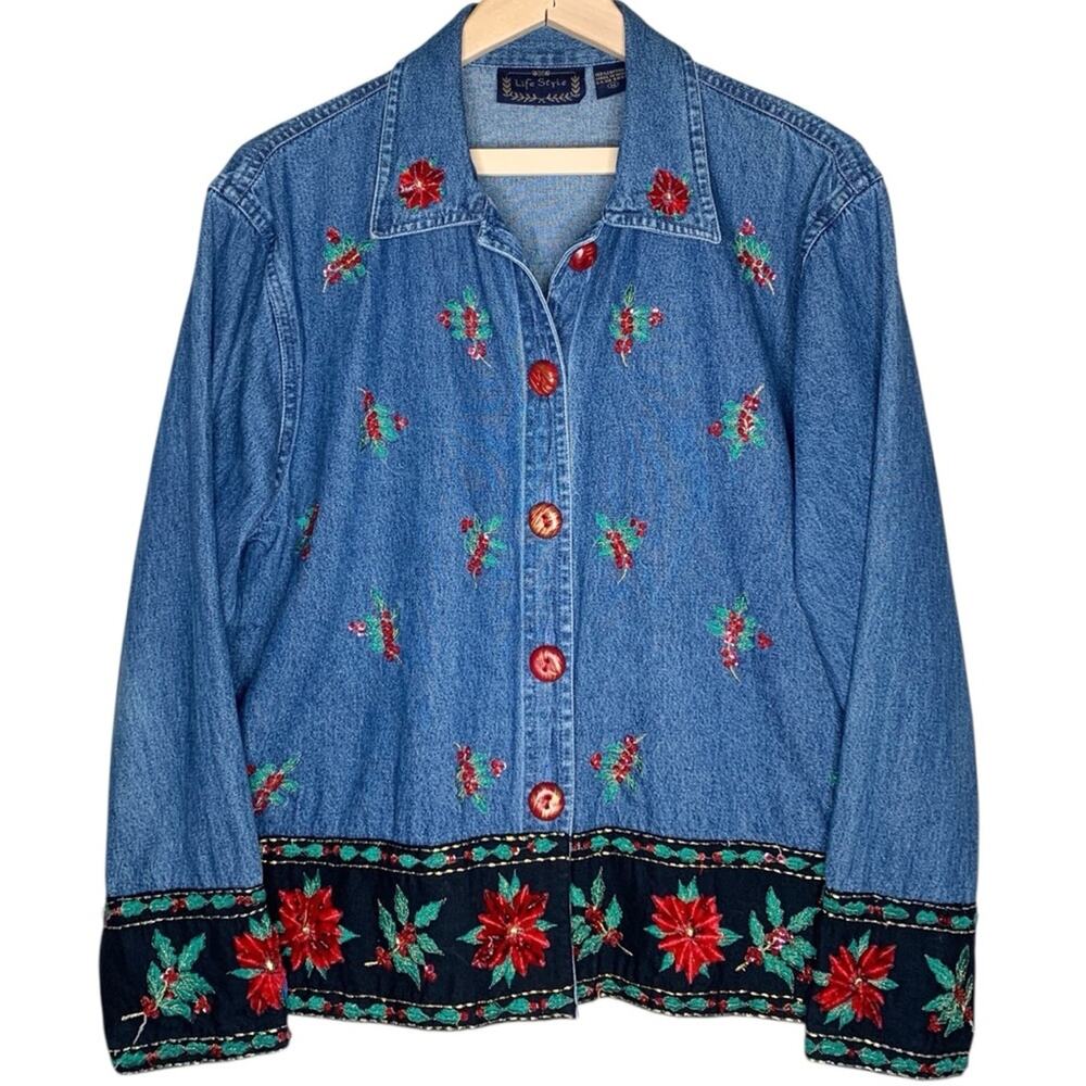 Vintage 90s Holiday Christmas Denim Jean Jacket M Poinsettia Holly Sequins